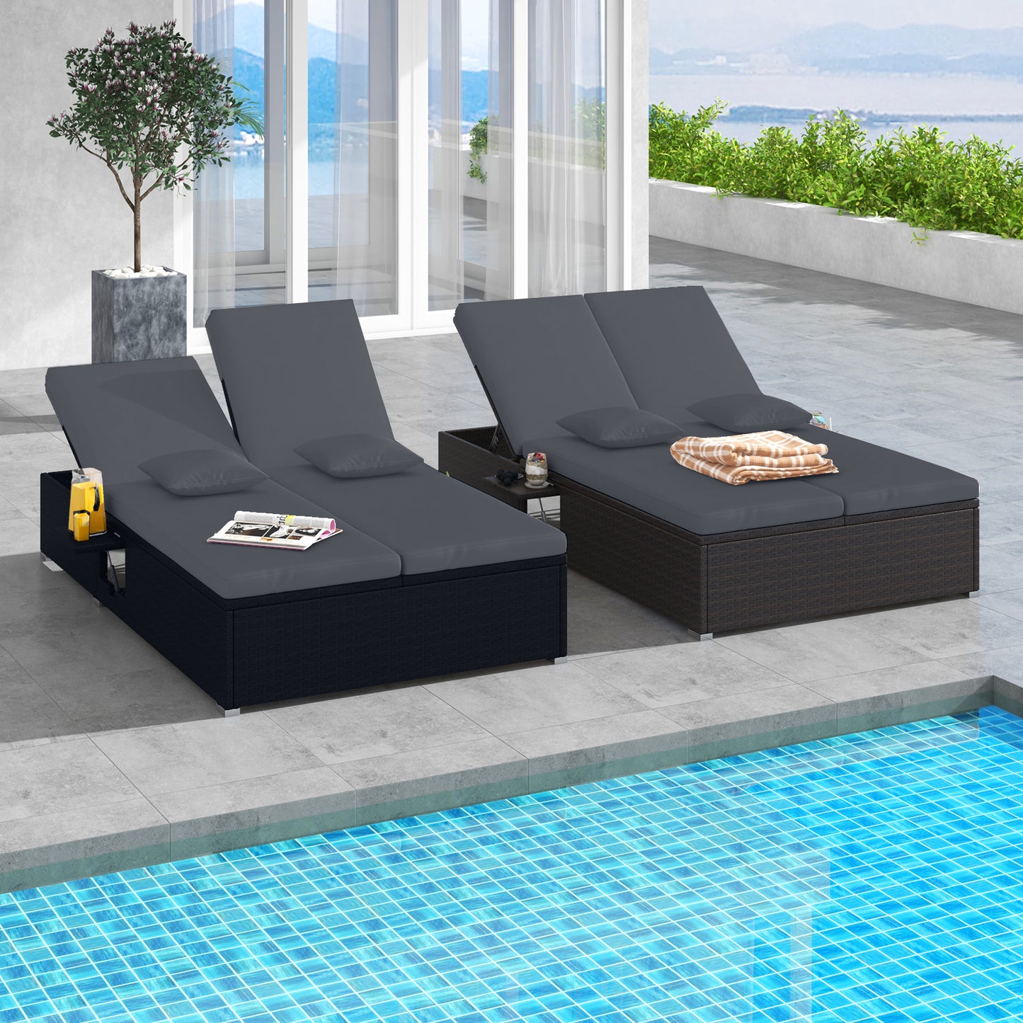 Double Chaise Lounge with Cushions and Folding Side Tables