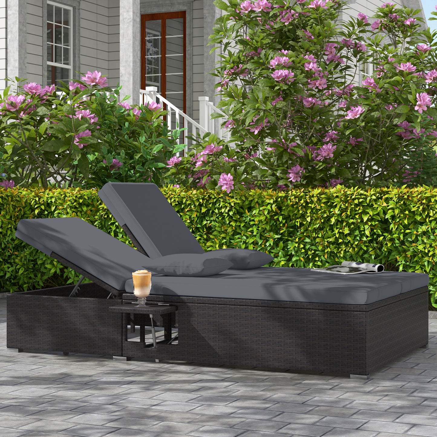 Double Chaise Lounge with Cushions and Folding Side Tables