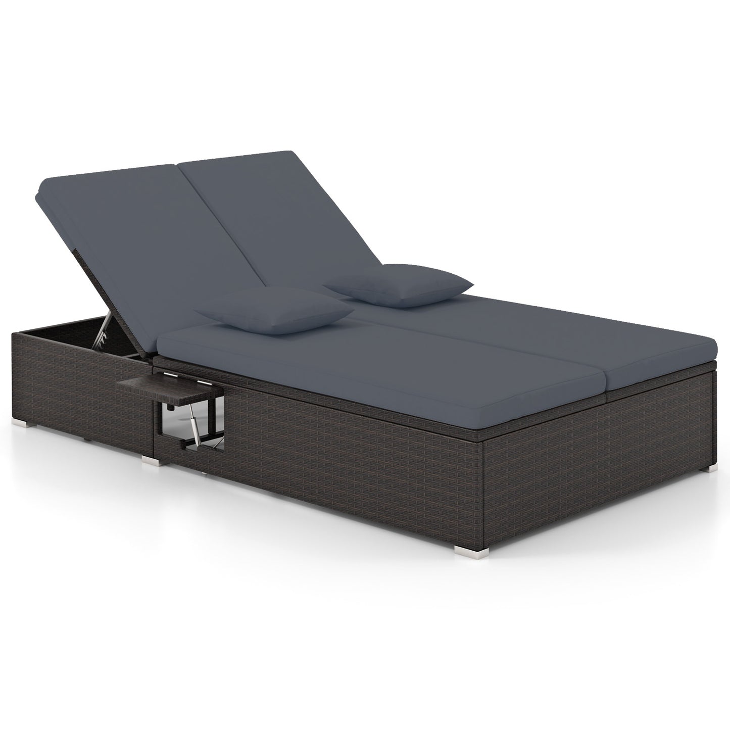 Double Chaise Lounge with Cushions and Folding Side Tables
