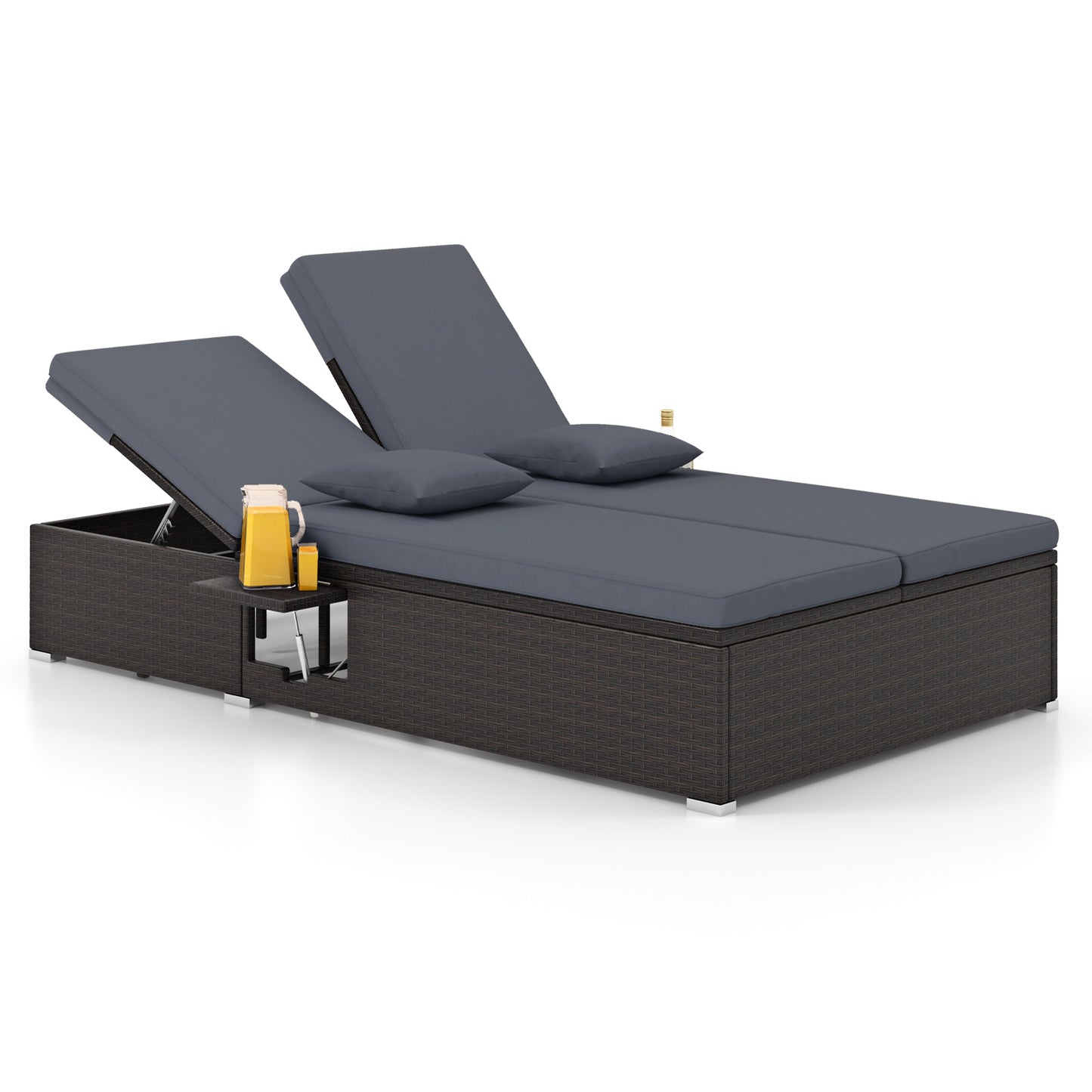 Double Chaise Lounge with Cushions and Folding Side Tables