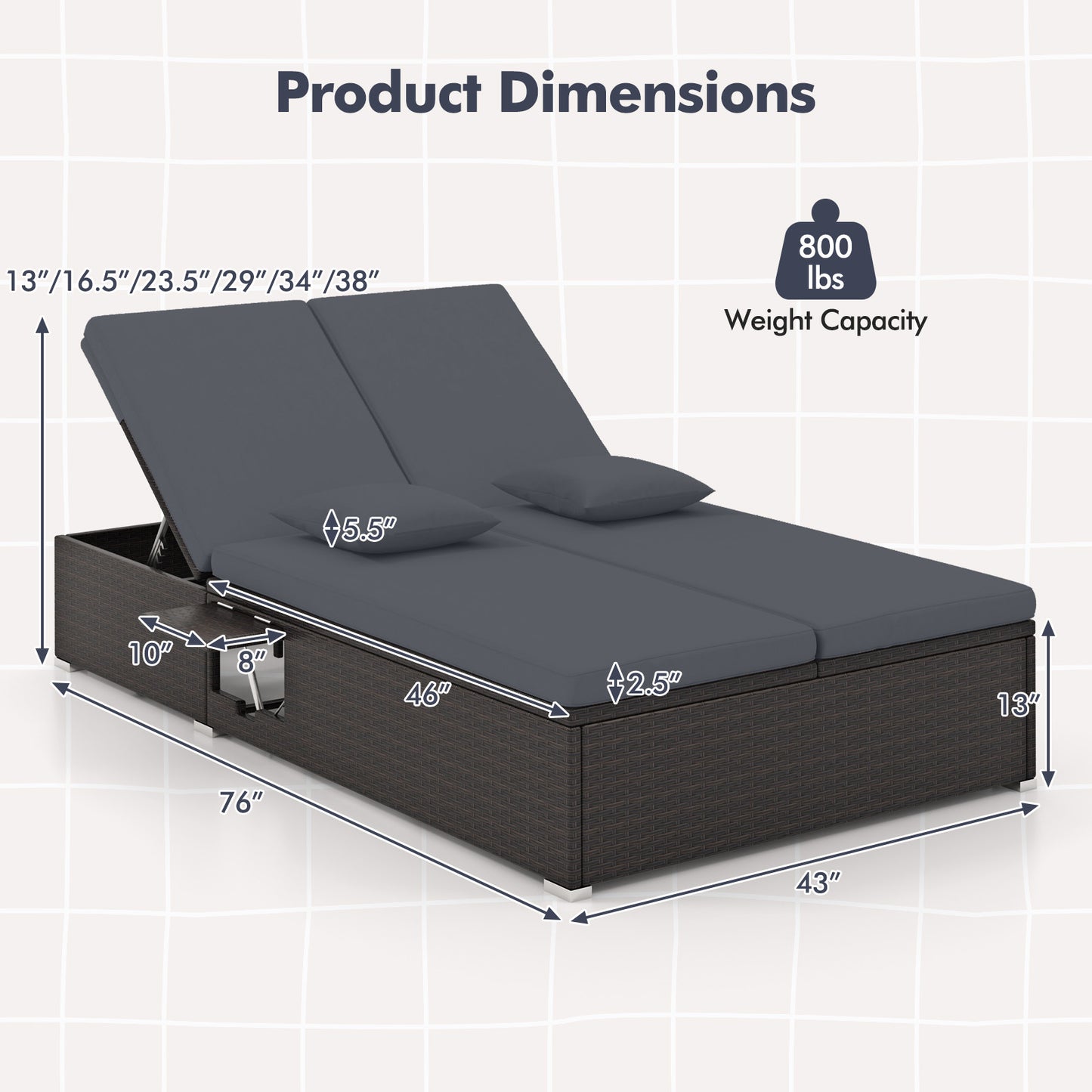 Double Chaise Lounge with Cushions and Folding Side Tables