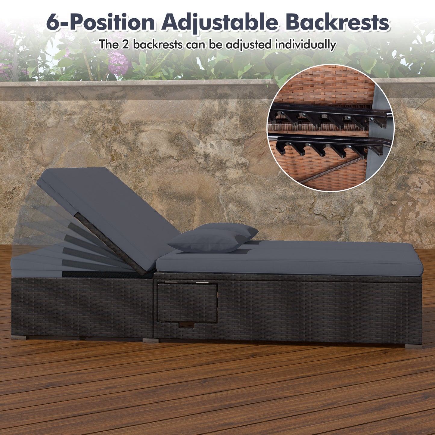 Double Chaise Lounge with Cushions and Folding Side Tables