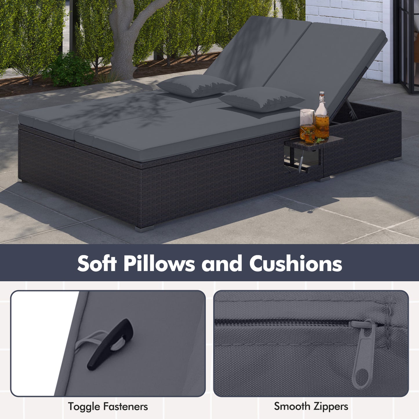 Double Chaise Lounge with Cushions and Folding Side Tables