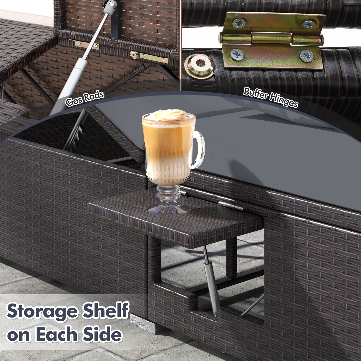 Double Chaise Lounge with Cushions and Folding Side Tables