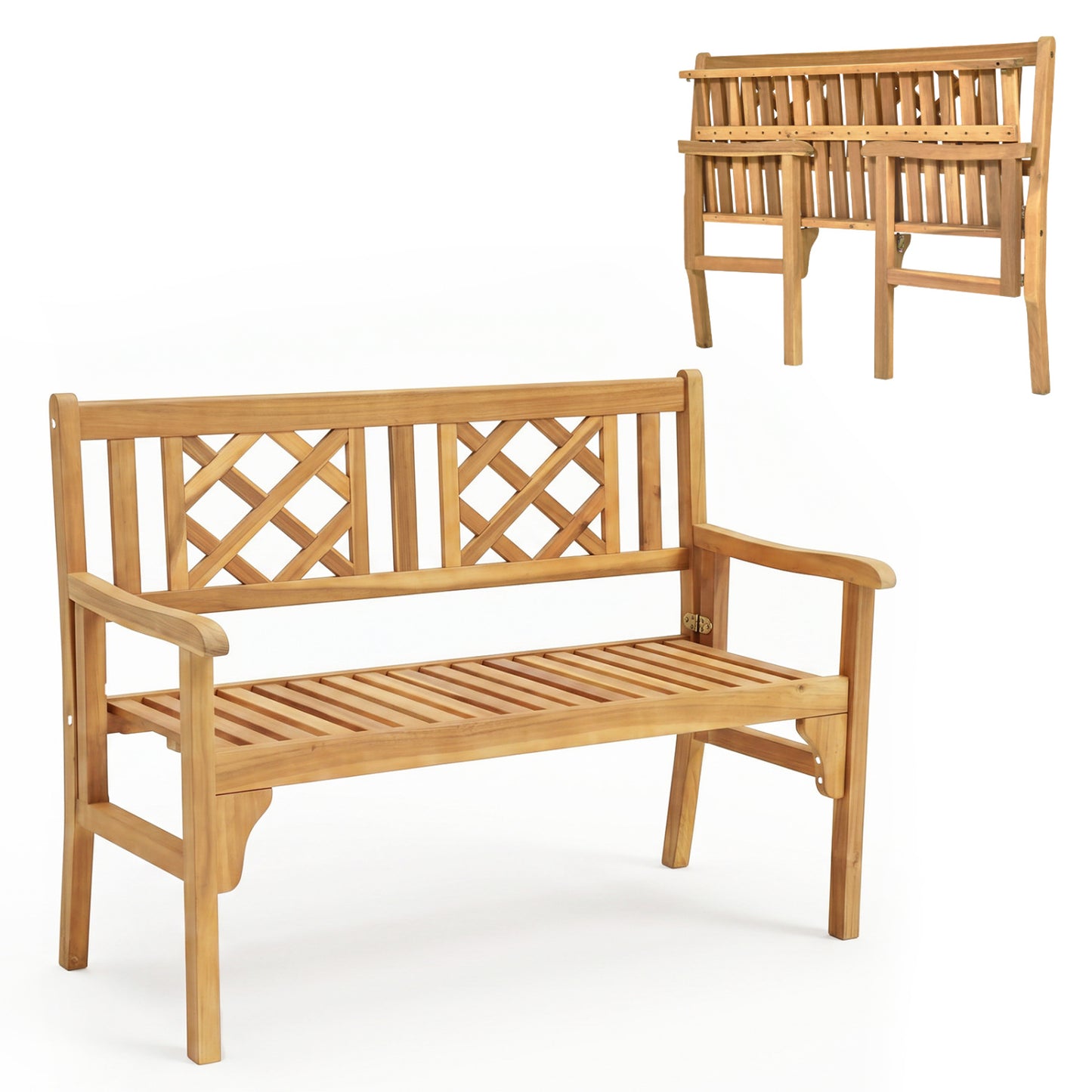Foldable Acacia Wood Patio Bench with Curved Backrest