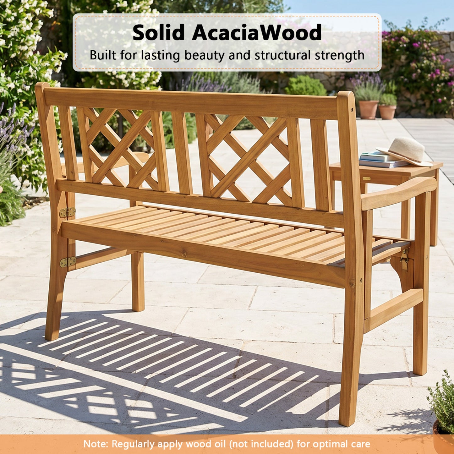 Foldable Acacia Wood Patio Bench with Curved Backrest