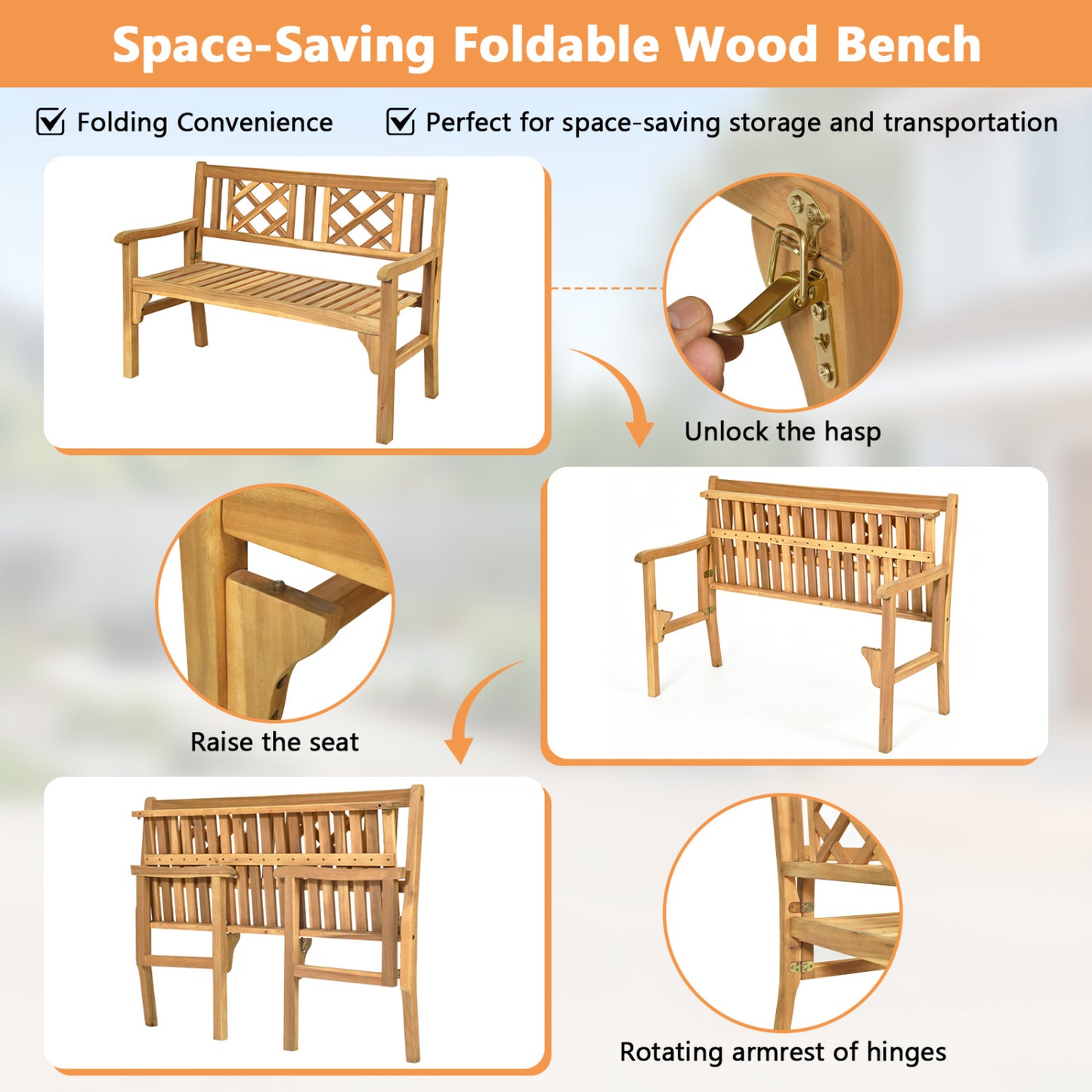 Foldable Acacia Wood Patio Bench with Curved Backrest