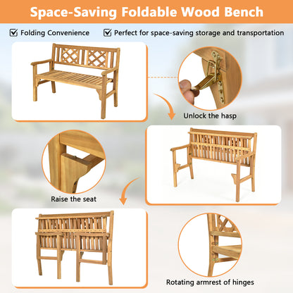 Foldable Acacia Wood Patio Bench with Curved Backrest