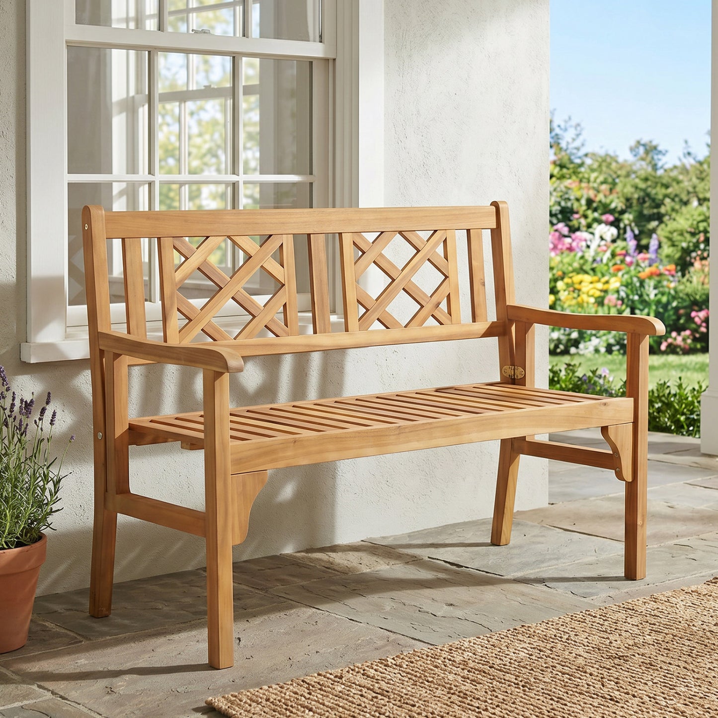 Foldable Acacia Wood Patio Bench with Curved Backrest