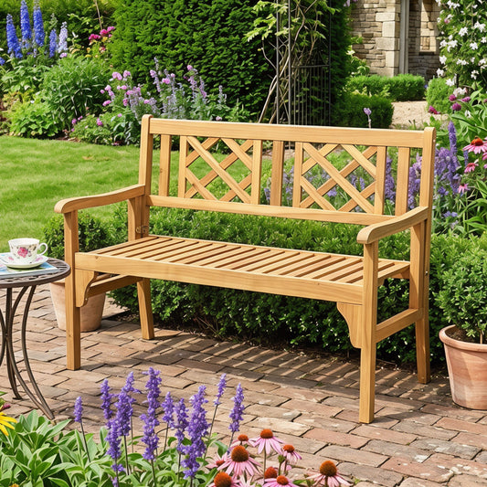 Foldable Acacia Wood Patio Bench with Curved Backrest