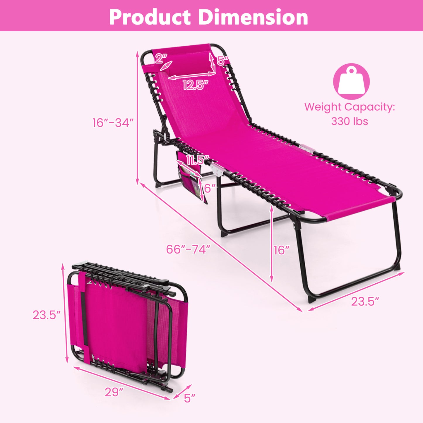 Adjustable Folding Lounge Chair with Footrest - 265 lb Capacity