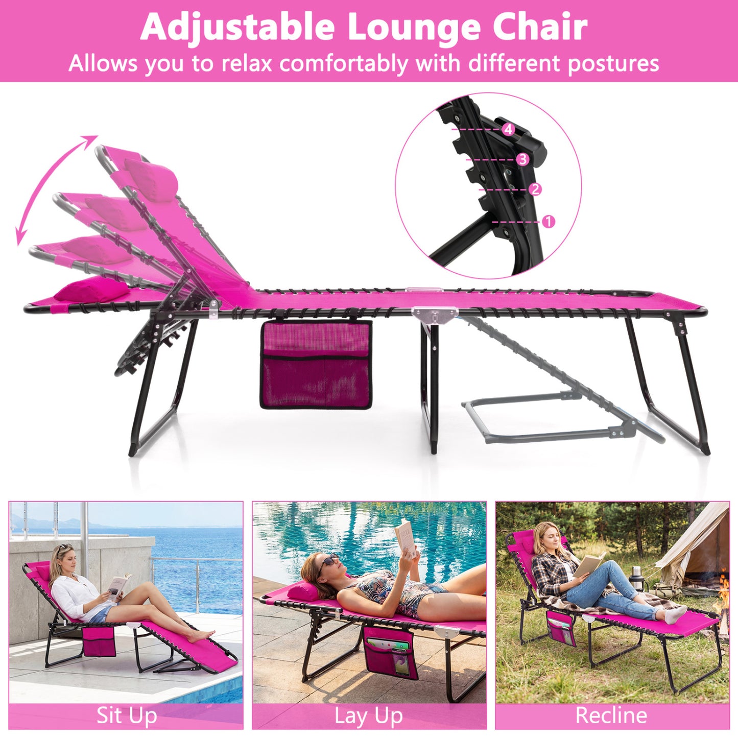 Adjustable Folding Lounge Chair with Footrest - 265 lb Capacity