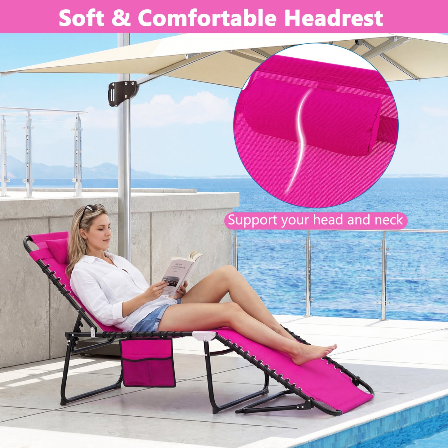 Adjustable Folding Lounge Chair with Footrest - 265 lb Capacity