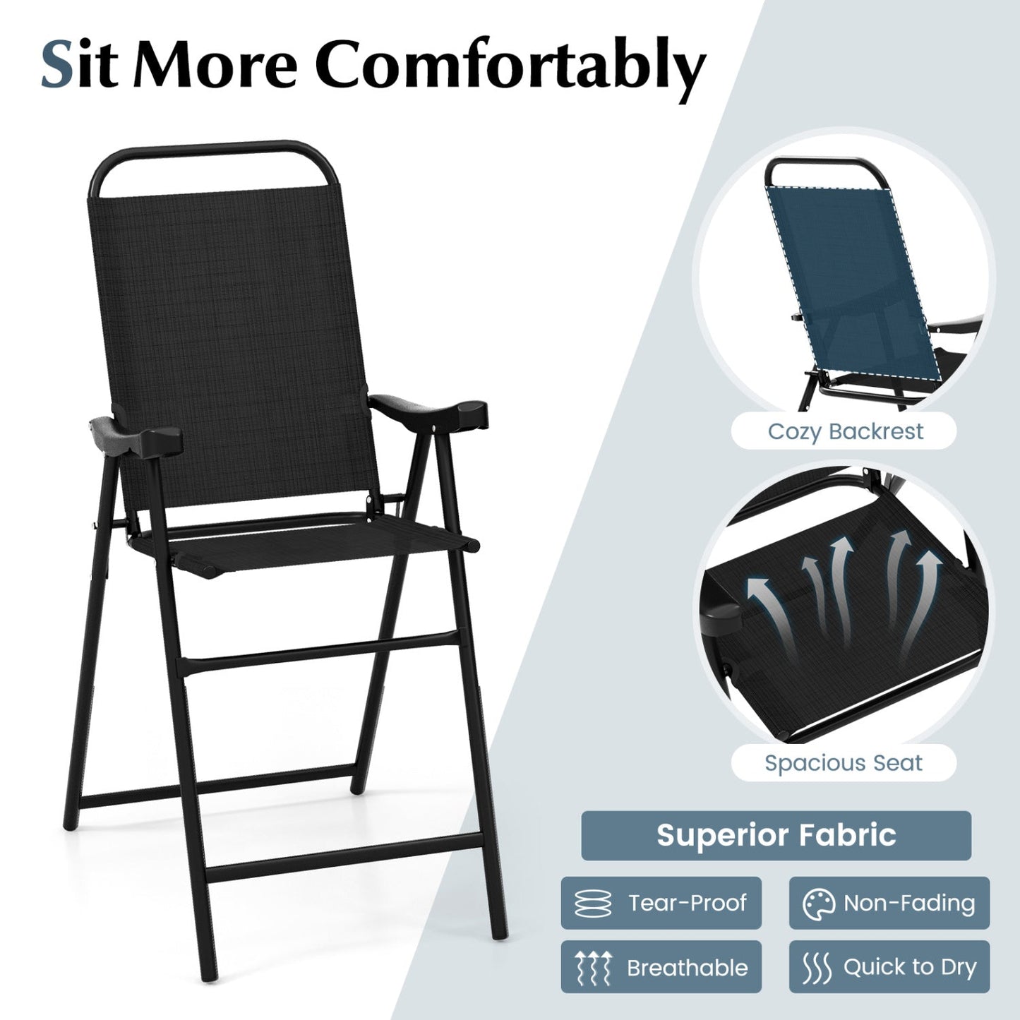 Folding Patio Bar Stool Set of 2 with Footrest - Black