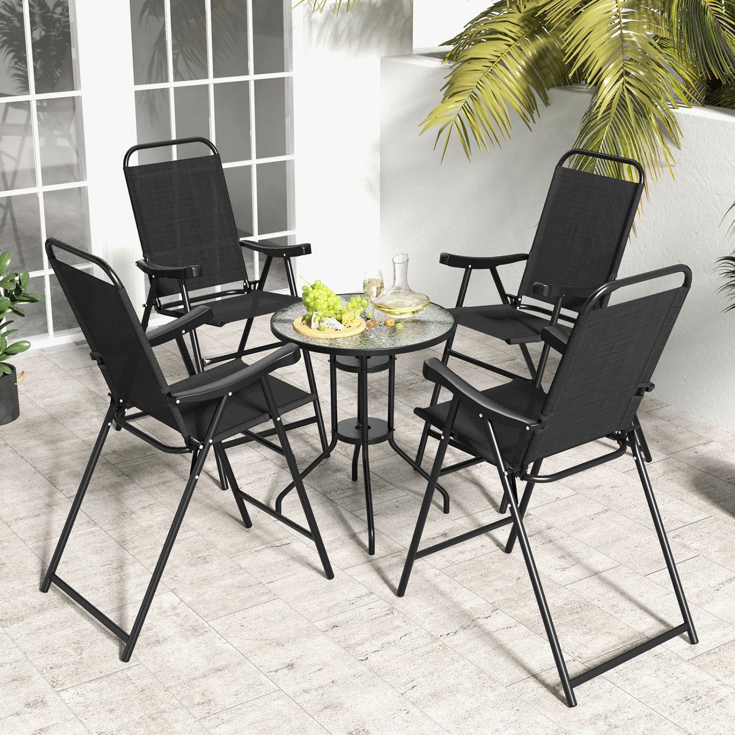 Folding Patio Bar Stool Set of 4 with Metal Frame & Footrest