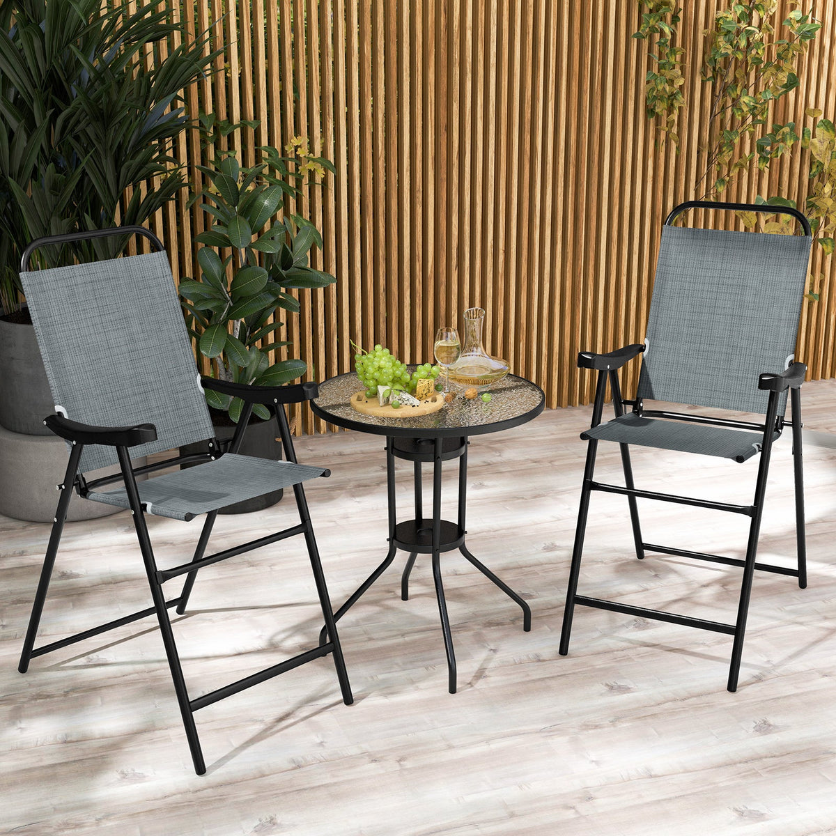 Patio Folding Bar Stool Set of 2 with Metal Frame and Footrest