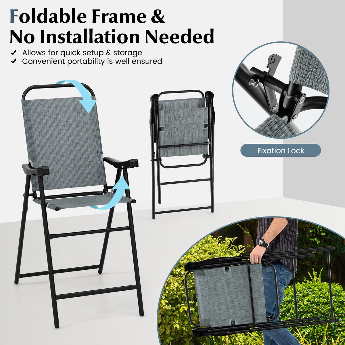 Patio Folding Bar Stool Set of 2 with Metal Frame and Footrest