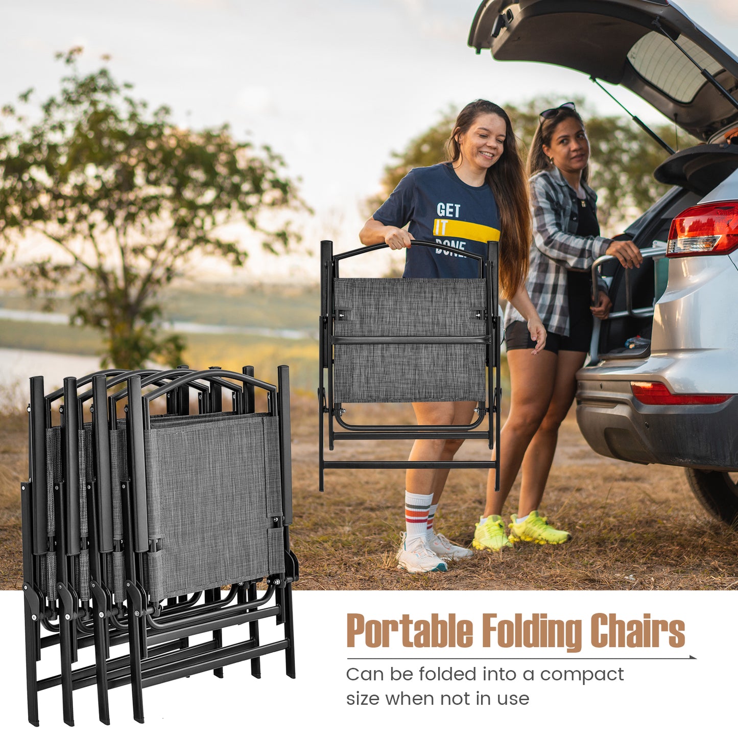 Folding Patio Dining Chairs Set of 4 - Gray Metal Frame