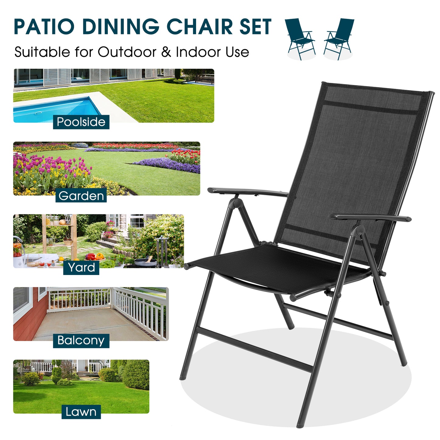 Folding Patio Dining Chairs Set of 2 with Adjustable Backrest