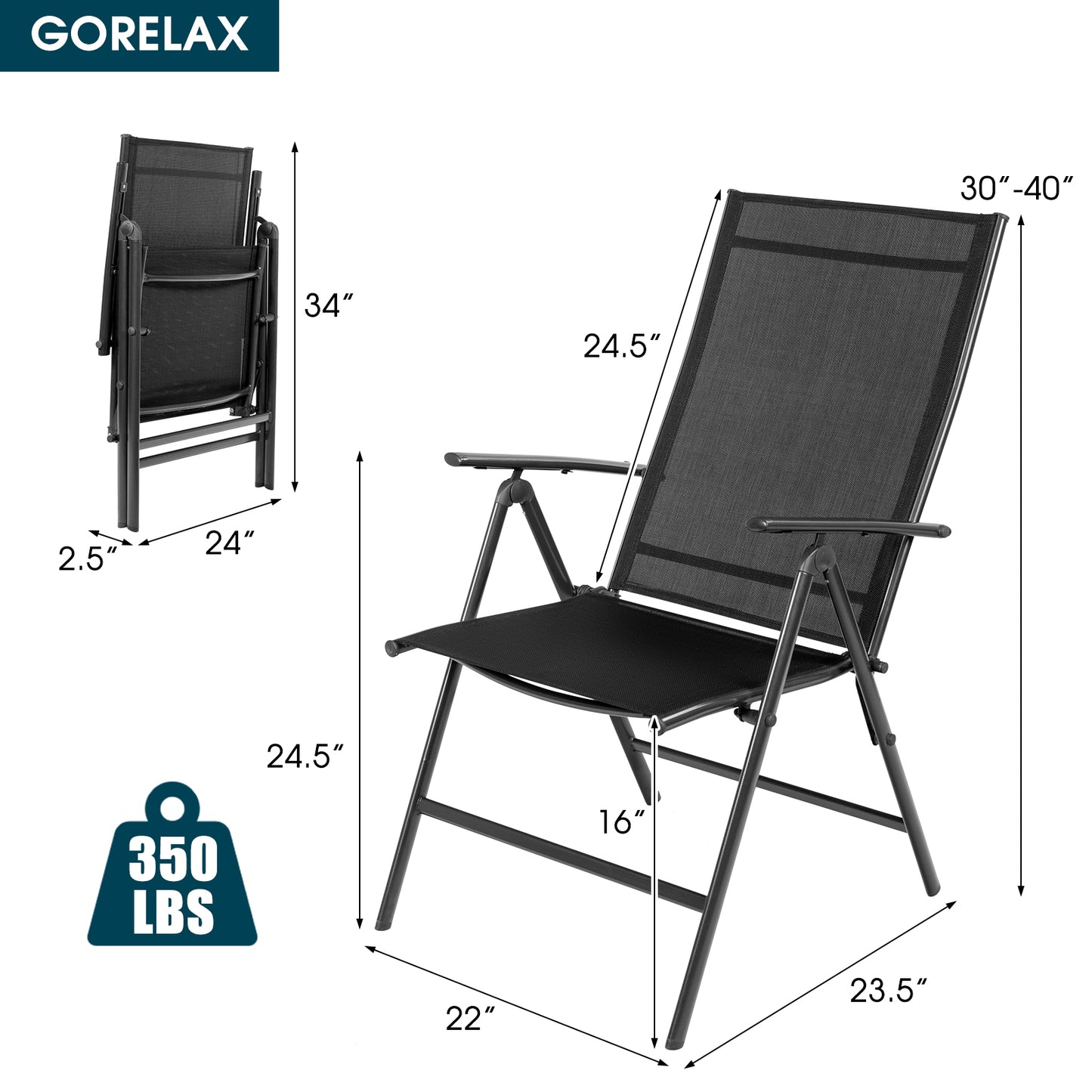 Folding Patio Dining Chairs Set of 2 with Adjustable Backrest