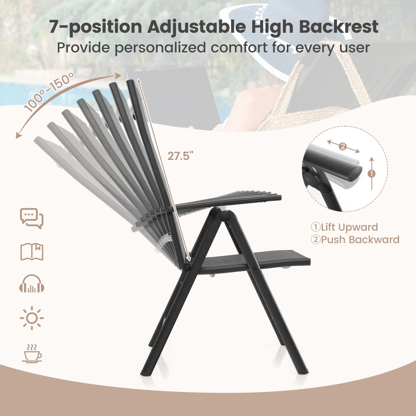 Folding Patio Chair with 7-Level Adjustable Backrest