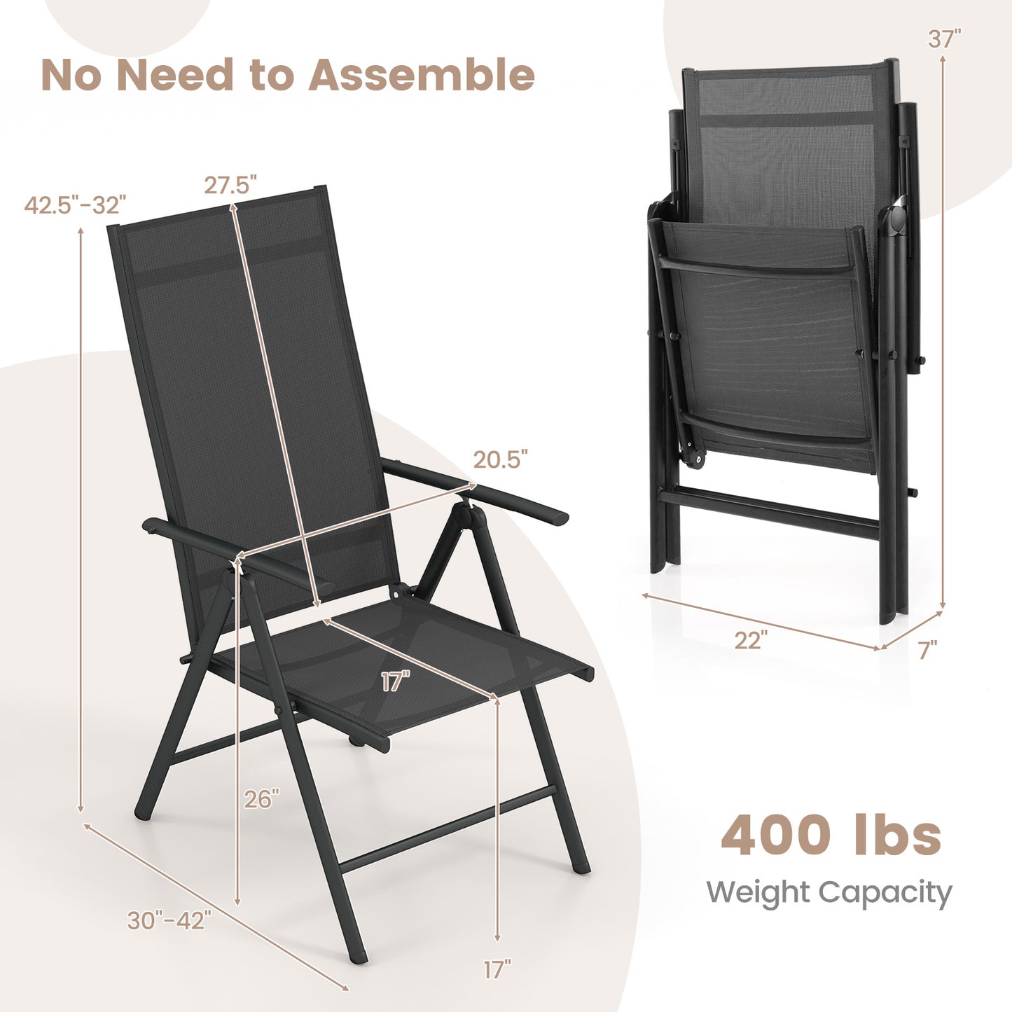 Folding Patio Chair with 7-Level Adjustable Backrest
