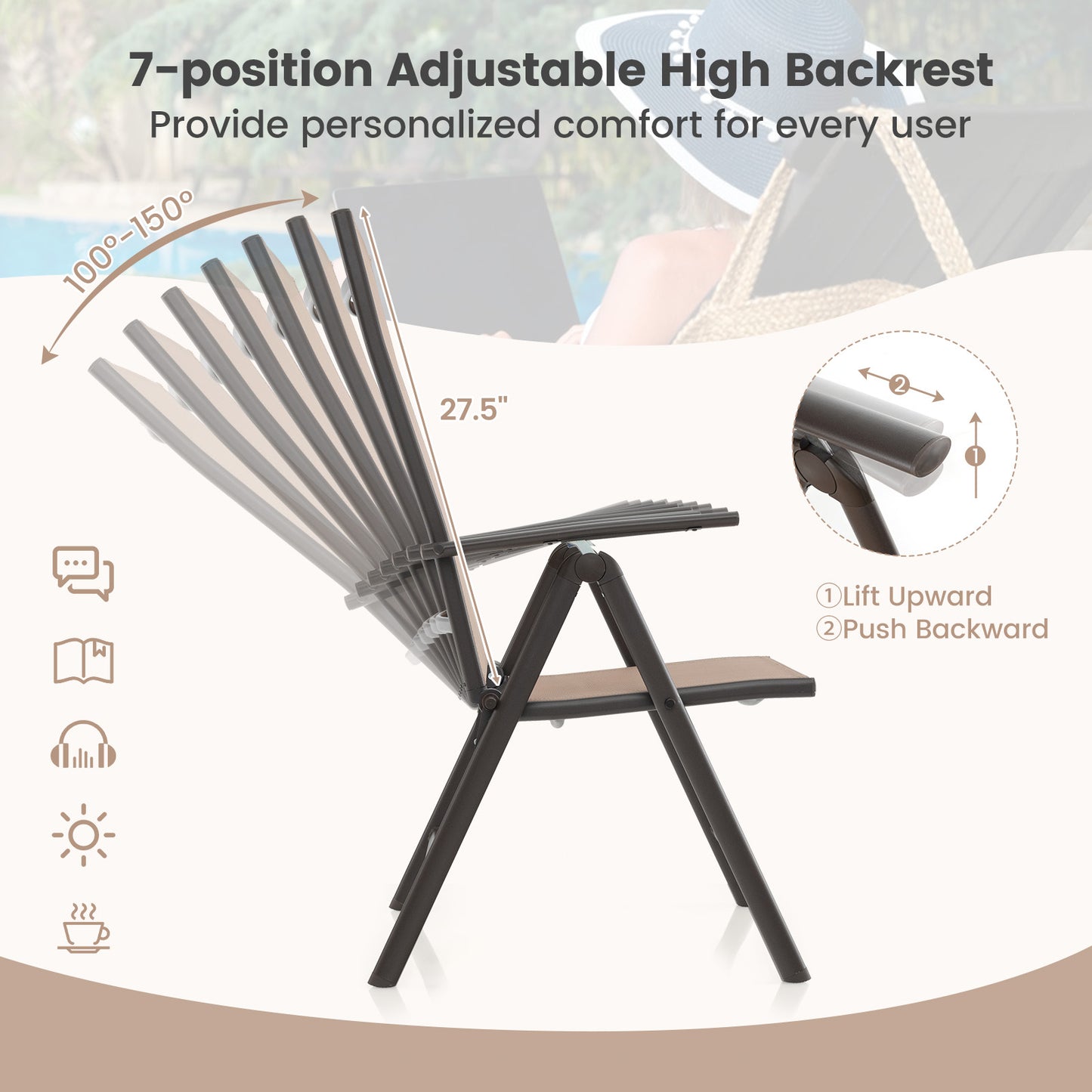 Folding Patio Chair with 7-Level Adjustable Backrest