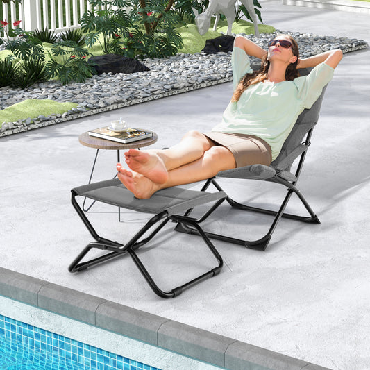 Folding Sling Patio Chair with Ottoman and Removable Cushion