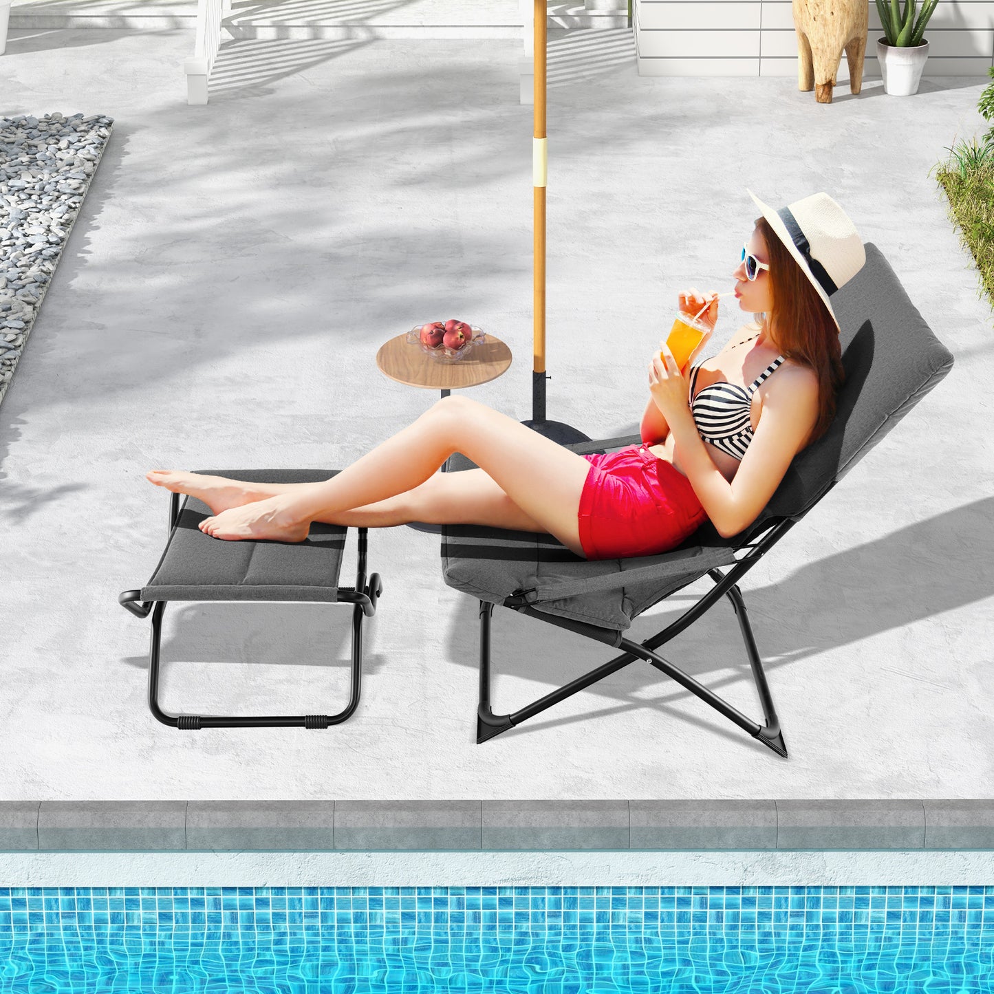 Folding Sling Patio Chair with Ottoman and Removable Cushion