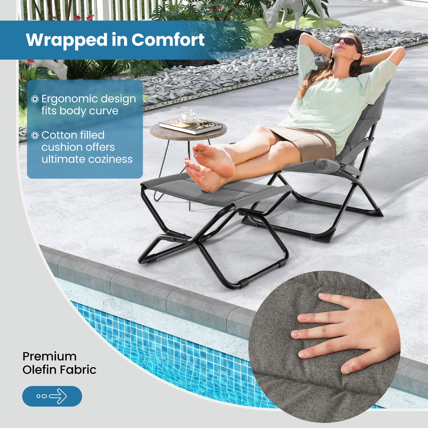 Folding Sling Patio Chair with Ottoman and Removable Cushion