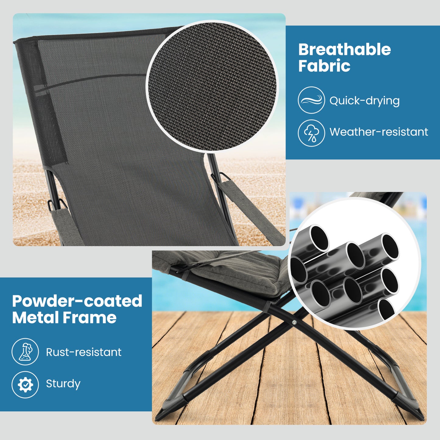 Folding Sling Patio Chair with Ottoman and Removable Cushion