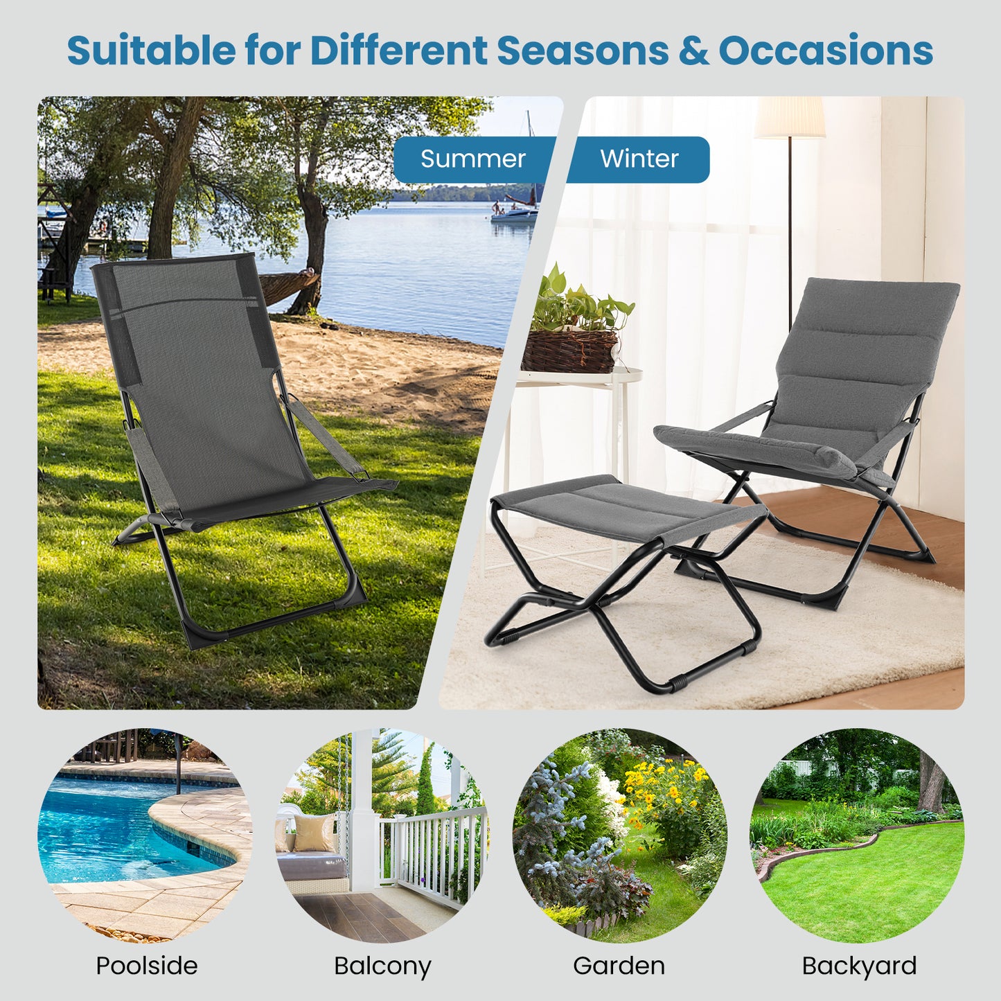 Folding Sling Patio Chair with Ottoman and Removable Cushion