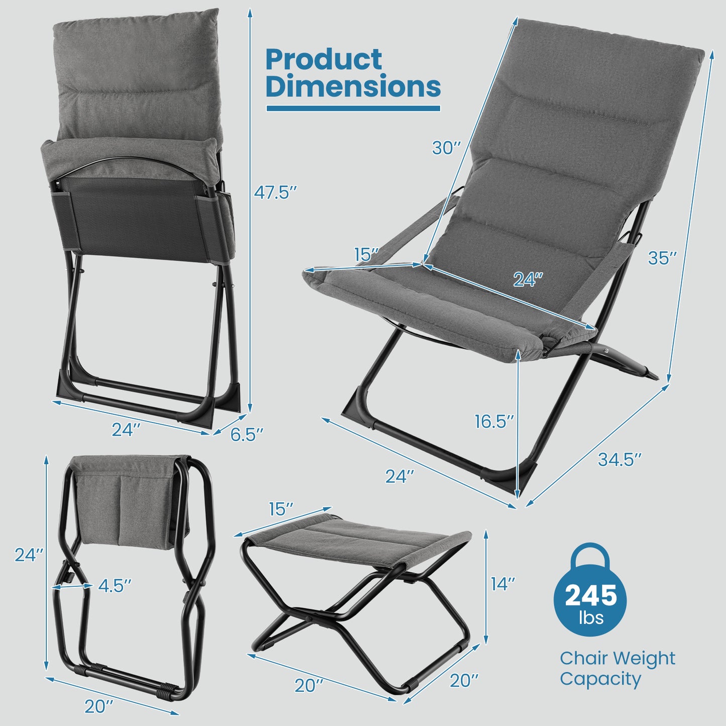 Folding Sling Patio Chair with Ottoman and Removable Cushion