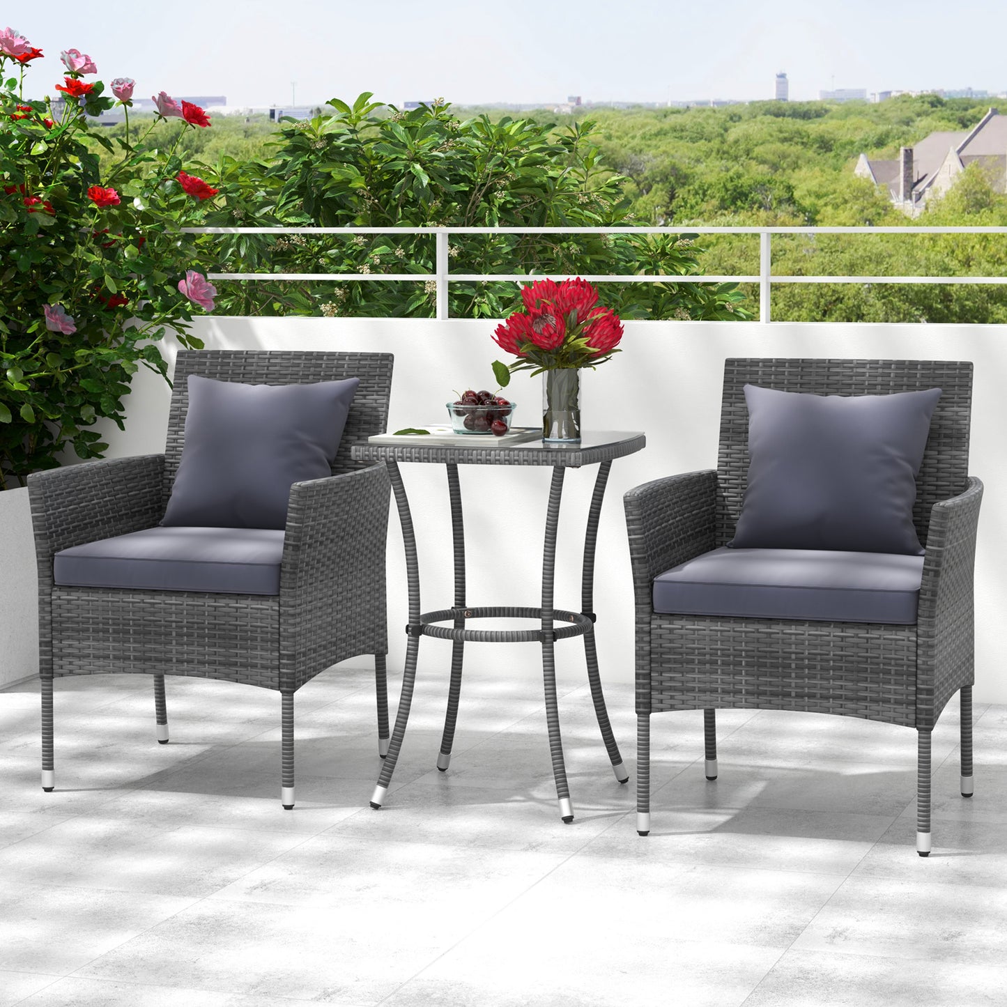 3-Piece Patio Conversation Set with Cushioned Chairs & Glass Table