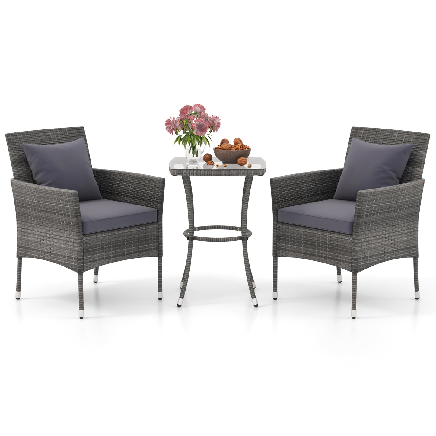 3-Piece Patio Conversation Set with Cushioned Chairs & Glass Table