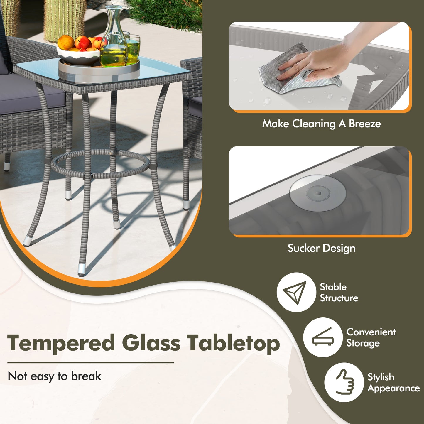 3-Piece Patio Conversation Set with Cushioned Chairs & Glass Table
