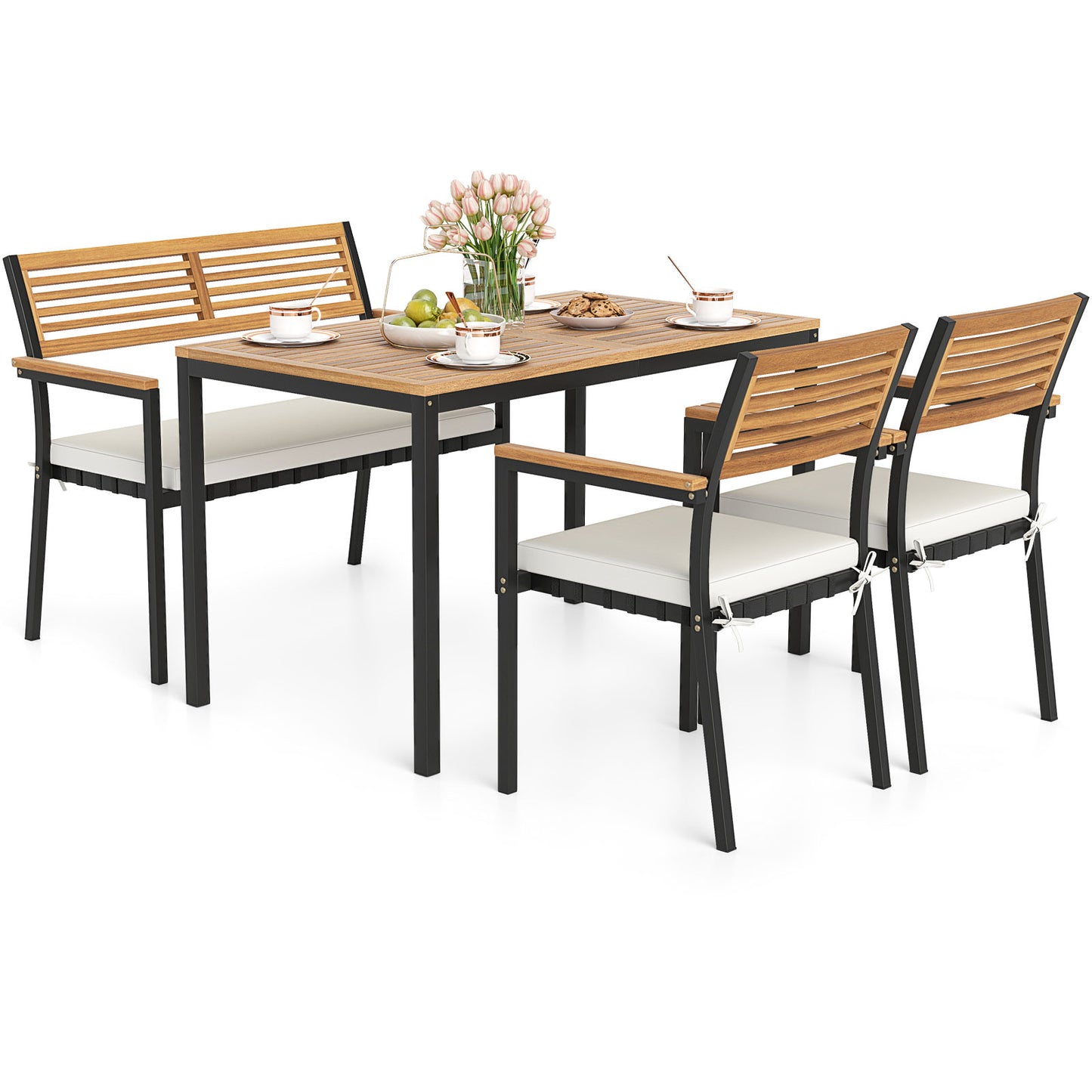 4-Piece Acacia Wood Patio Dining Set with Umbrella Hole