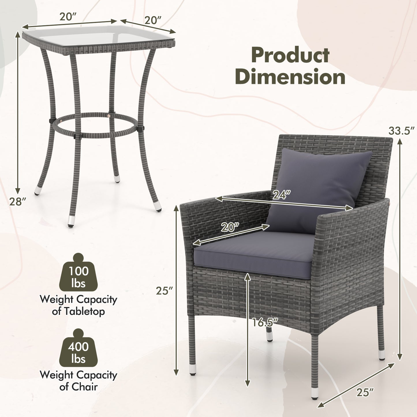 3-Piece Patio Conversation Set with Cushioned Chairs & Glass Table