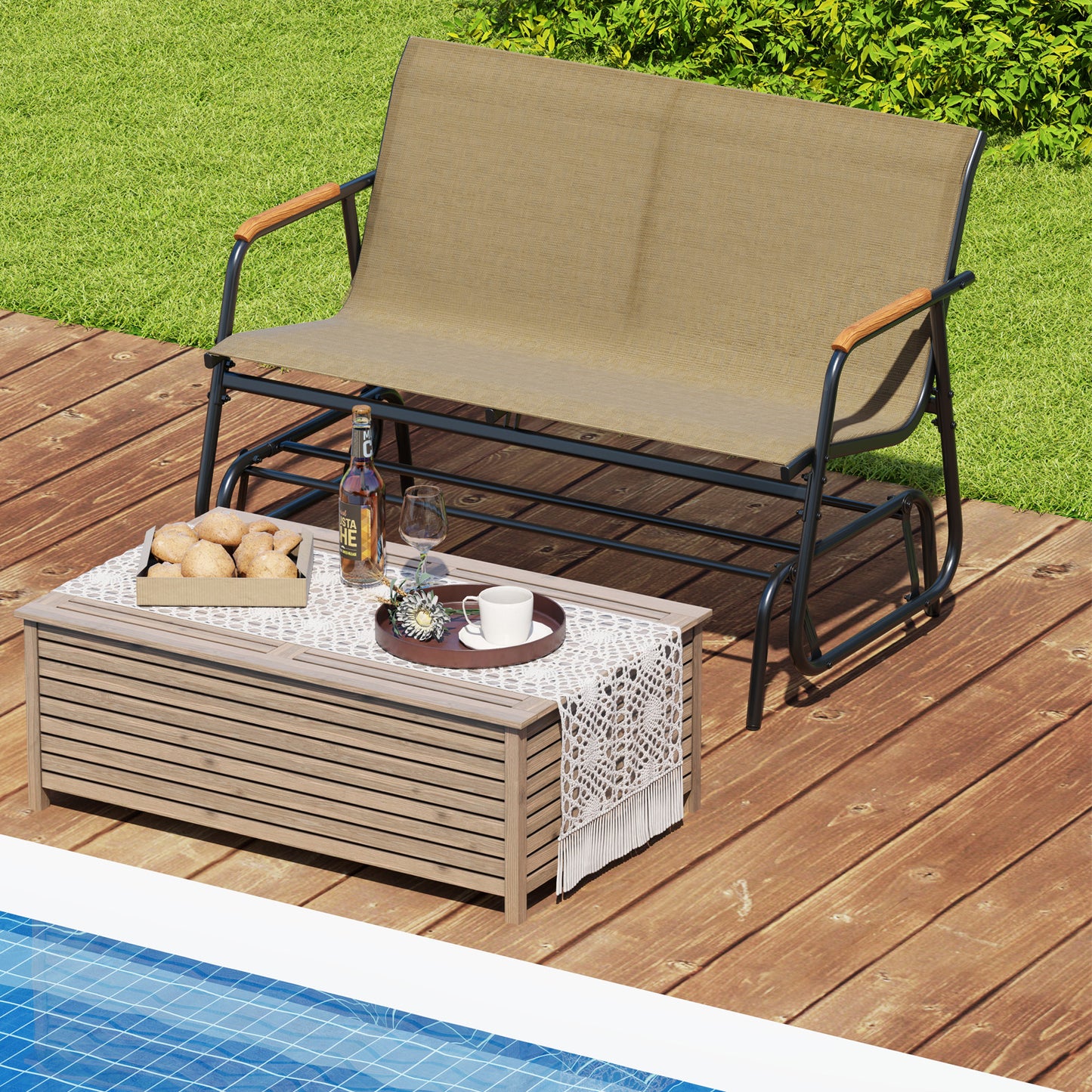 2-Person Patio Glider Bench with Teak Armrests