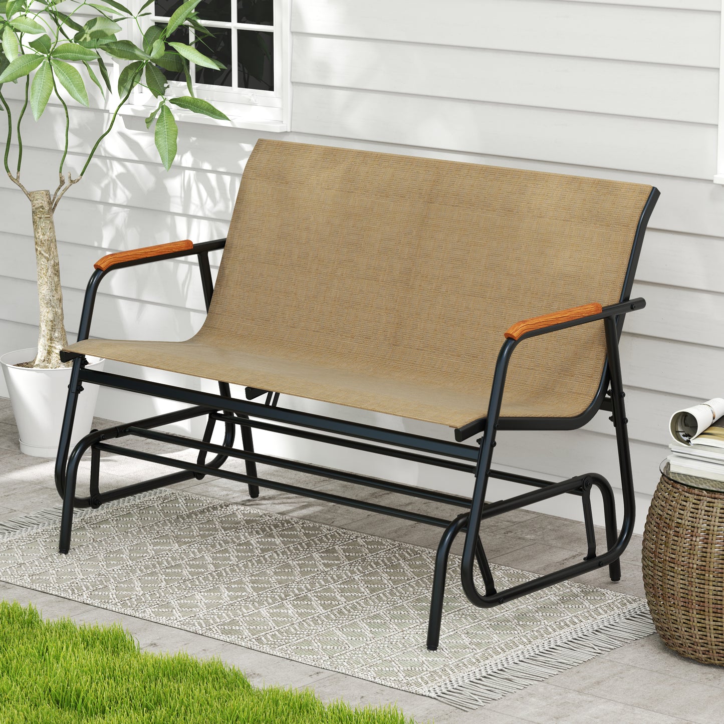 2-Person Patio Glider Bench with Teak Armrests