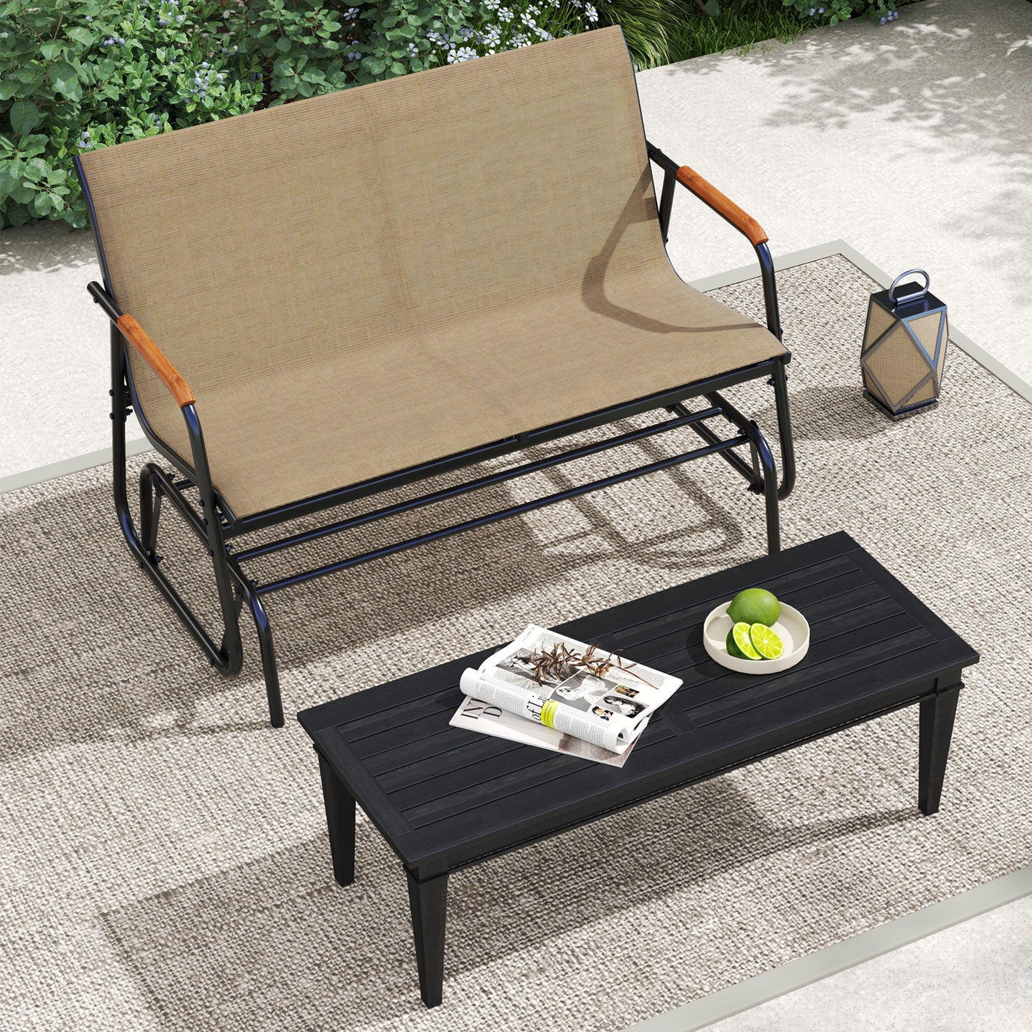 2-Person Patio Glider Bench with Teak Armrests