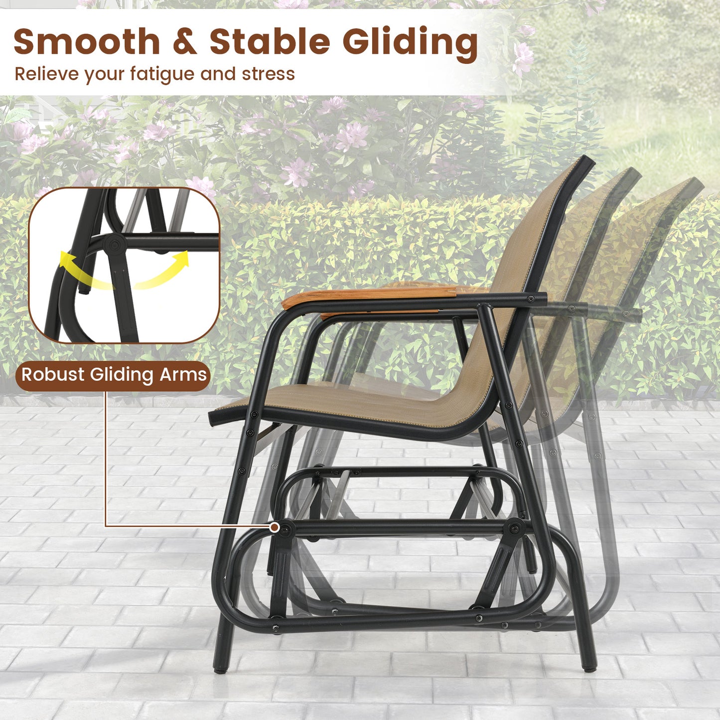 2-Person Patio Glider Bench with Teak Armrests