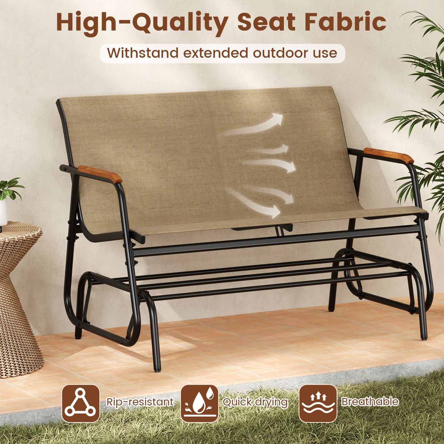 2-Person Patio Glider Bench with Teak Armrests