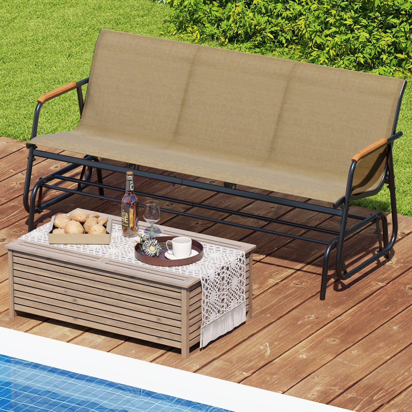 3-Person Patio Glider Bench with Teak Armrests