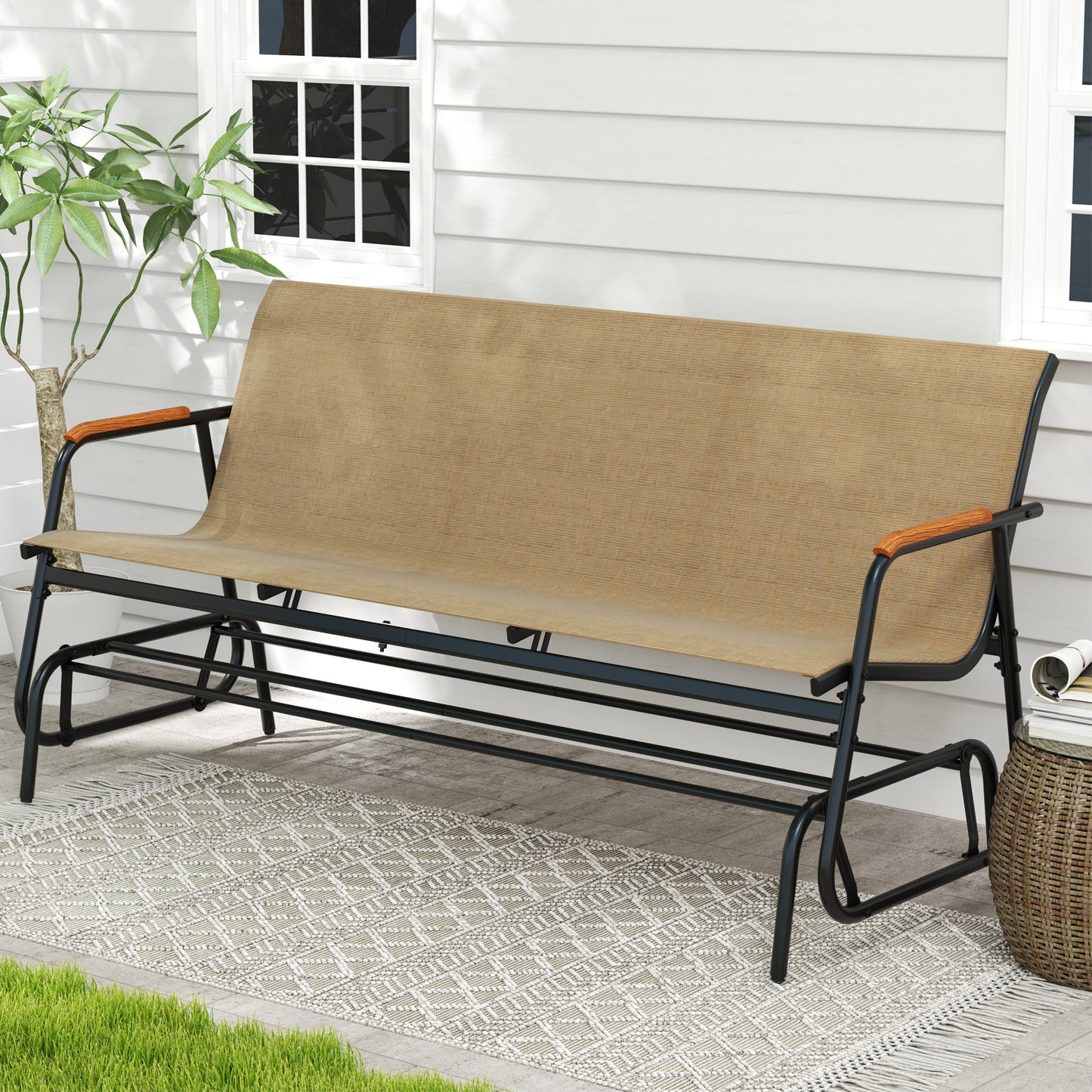 3-Person Patio Glider Bench with Teak Armrests