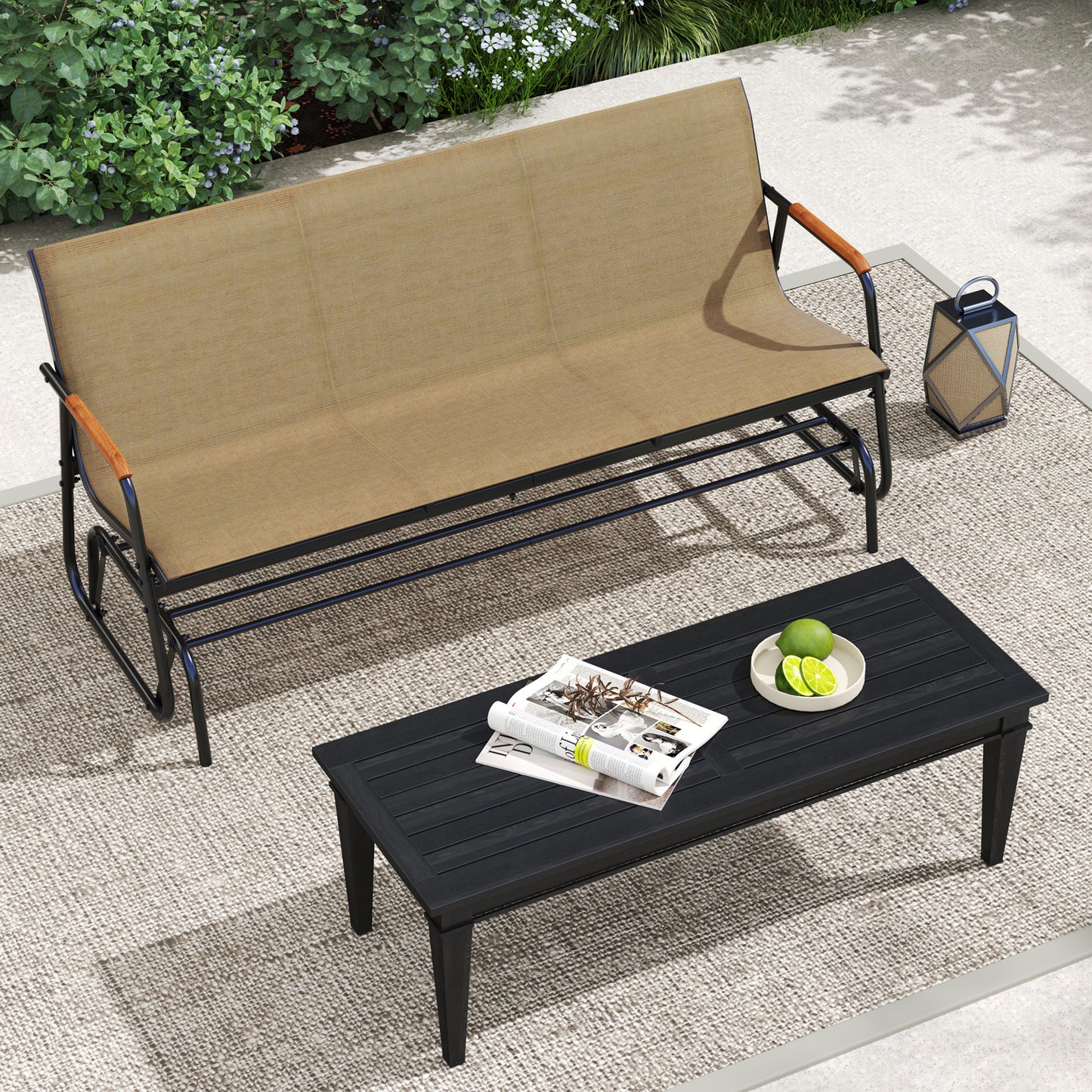 3-Person Patio Glider Bench with Teak Armrests