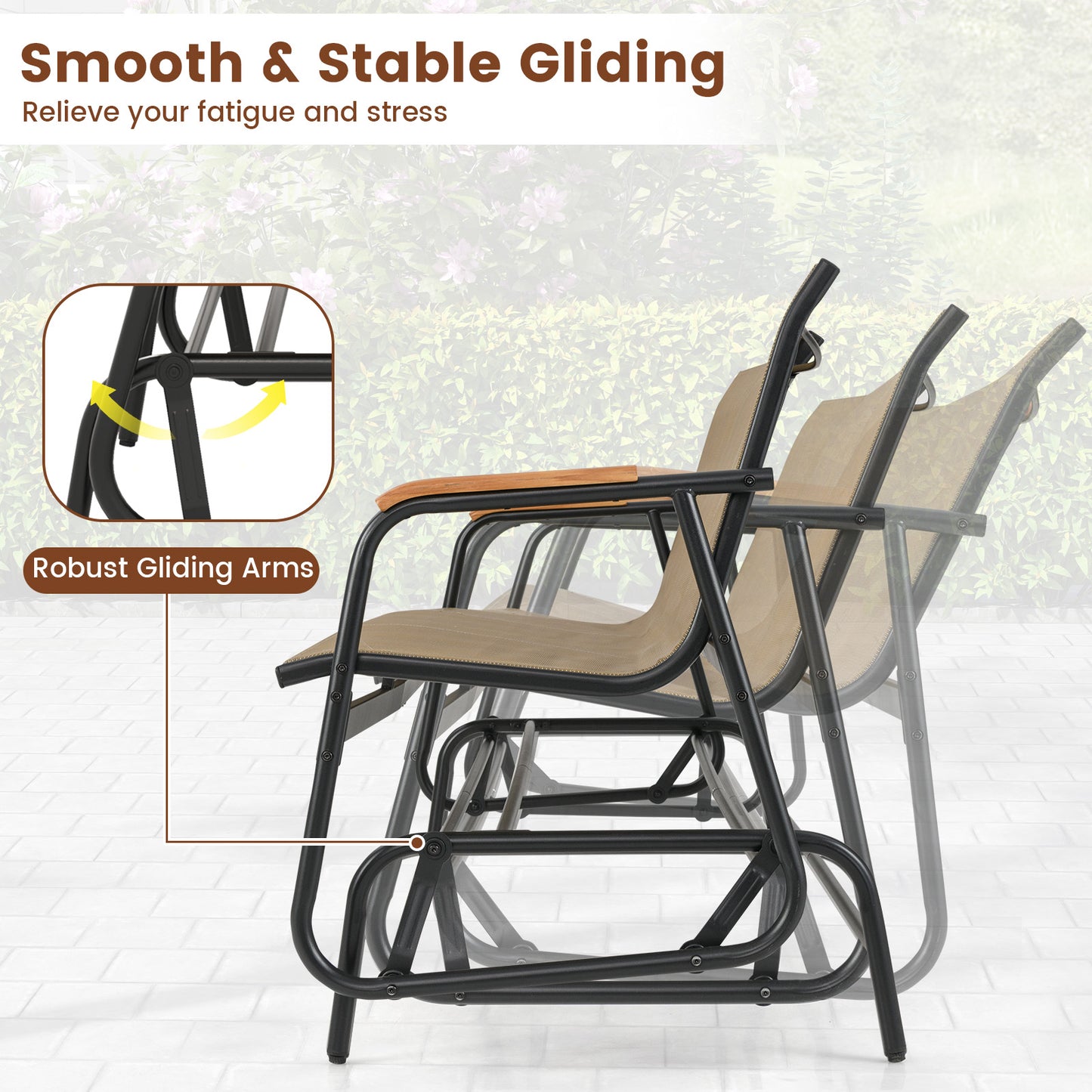 3-Person Patio Glider Bench with Teak Armrests
