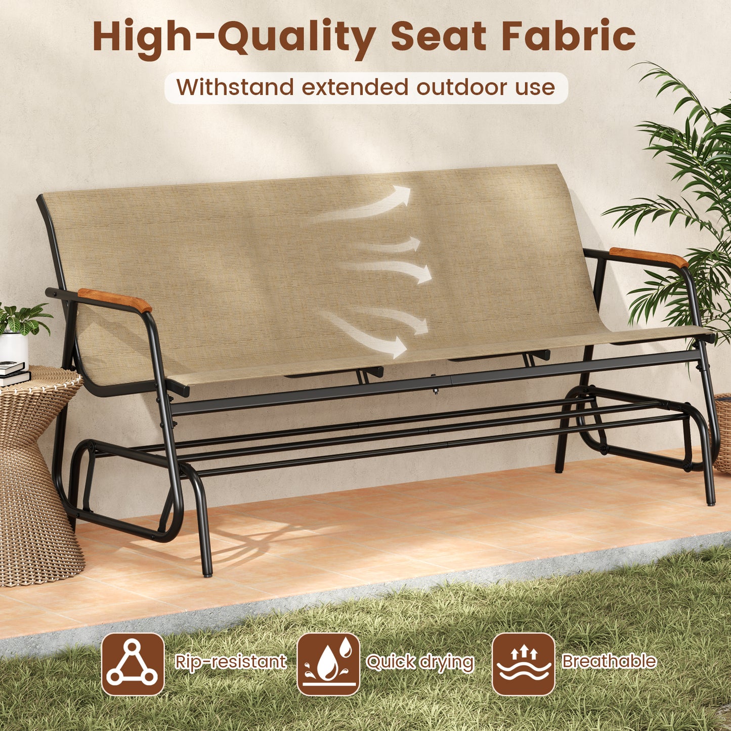 3-Person Patio Glider Bench with Teak Armrests