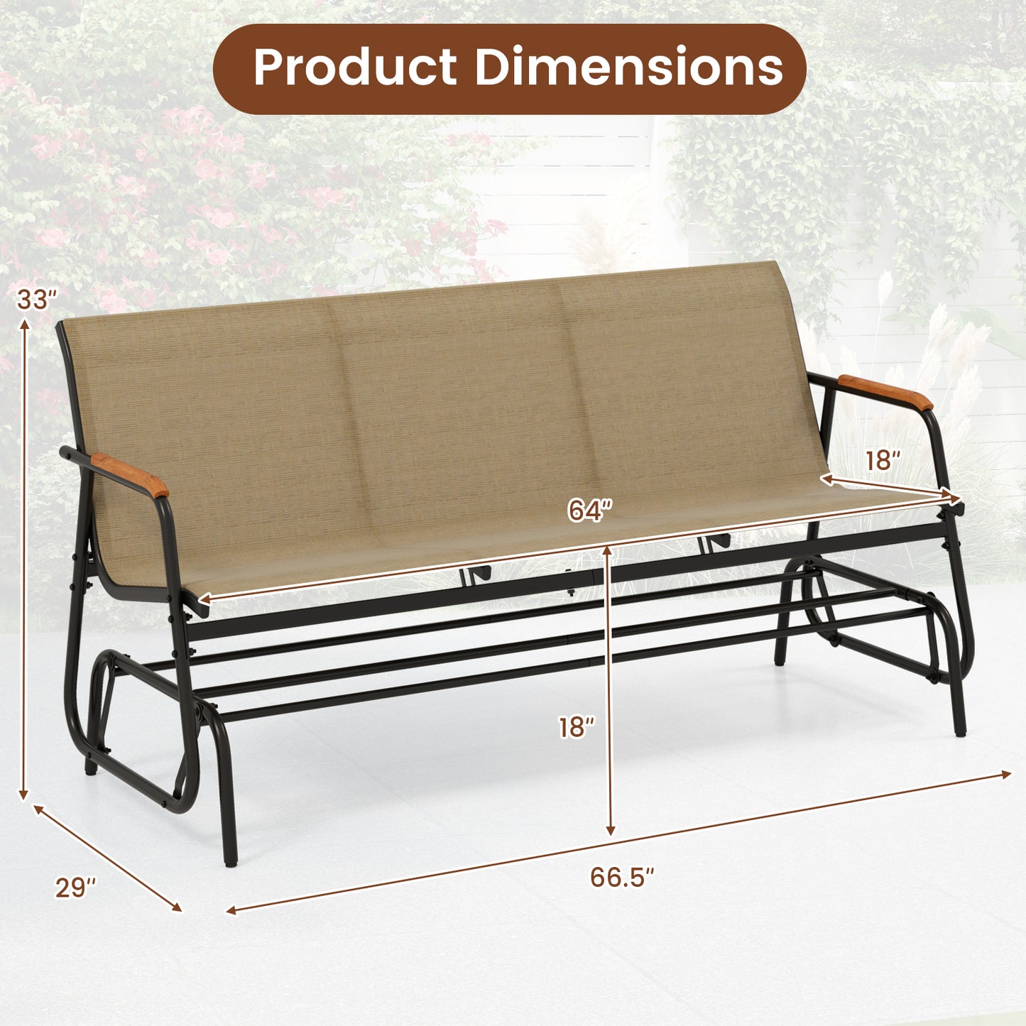 3-Person Patio Glider Bench with Teak Armrests