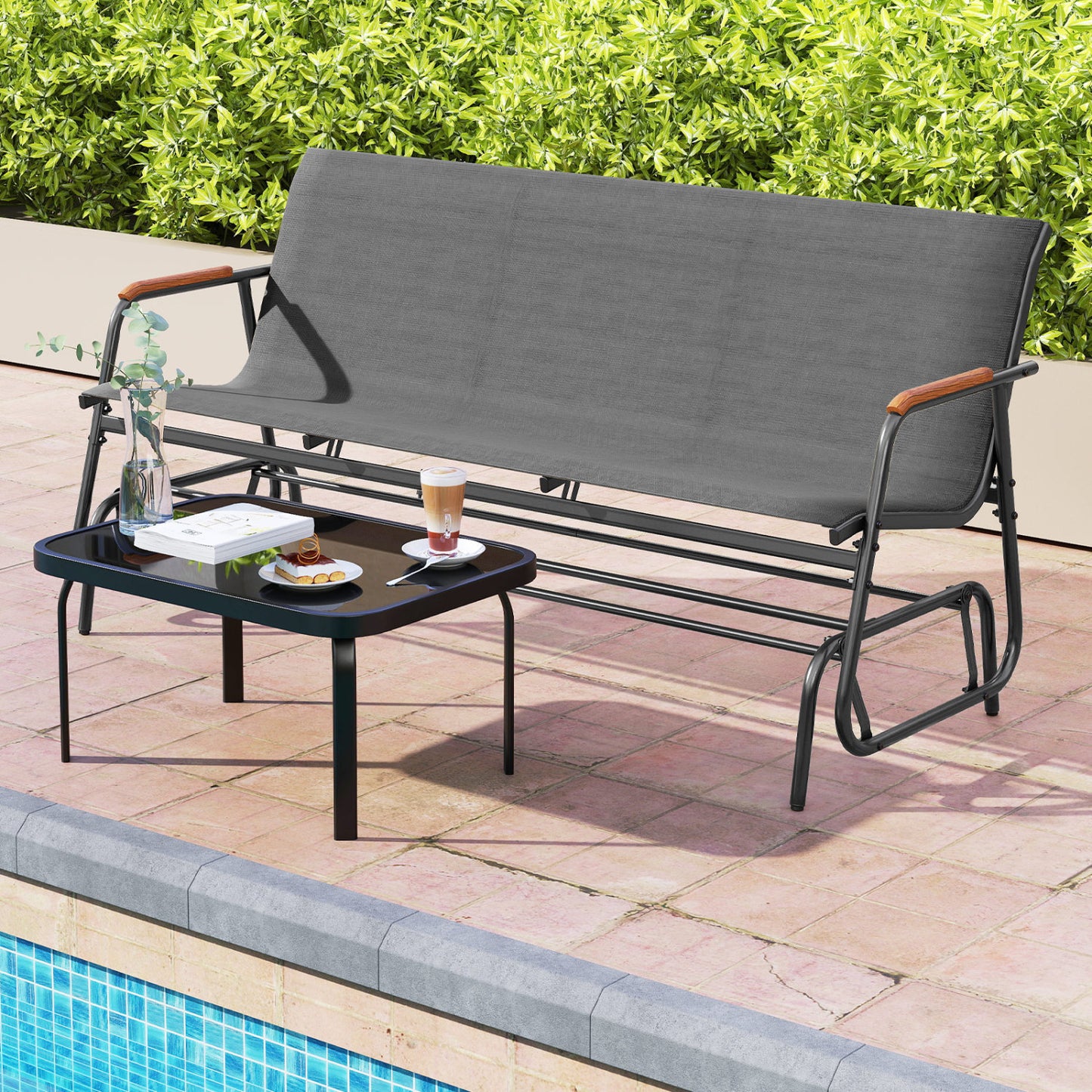 3-Person Patio Glider Bench with Teak Armrests